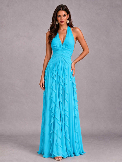 A-Line Halter Neck Ruffle Pleated Floor-Length Chiffon Evening Dress