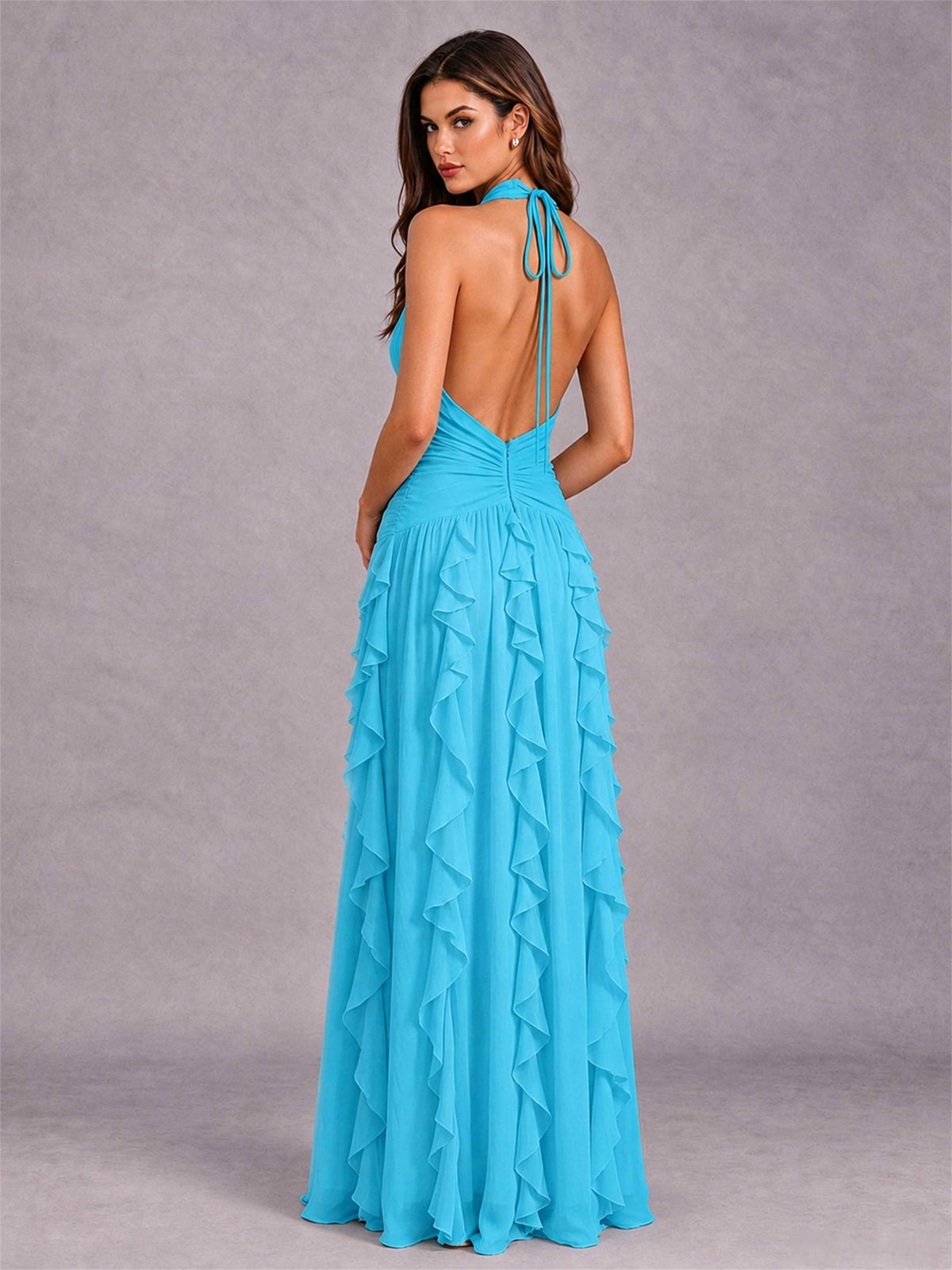 A-Line Halter Neck Ruffle Pleated Floor-Length Chiffon Evening Dress