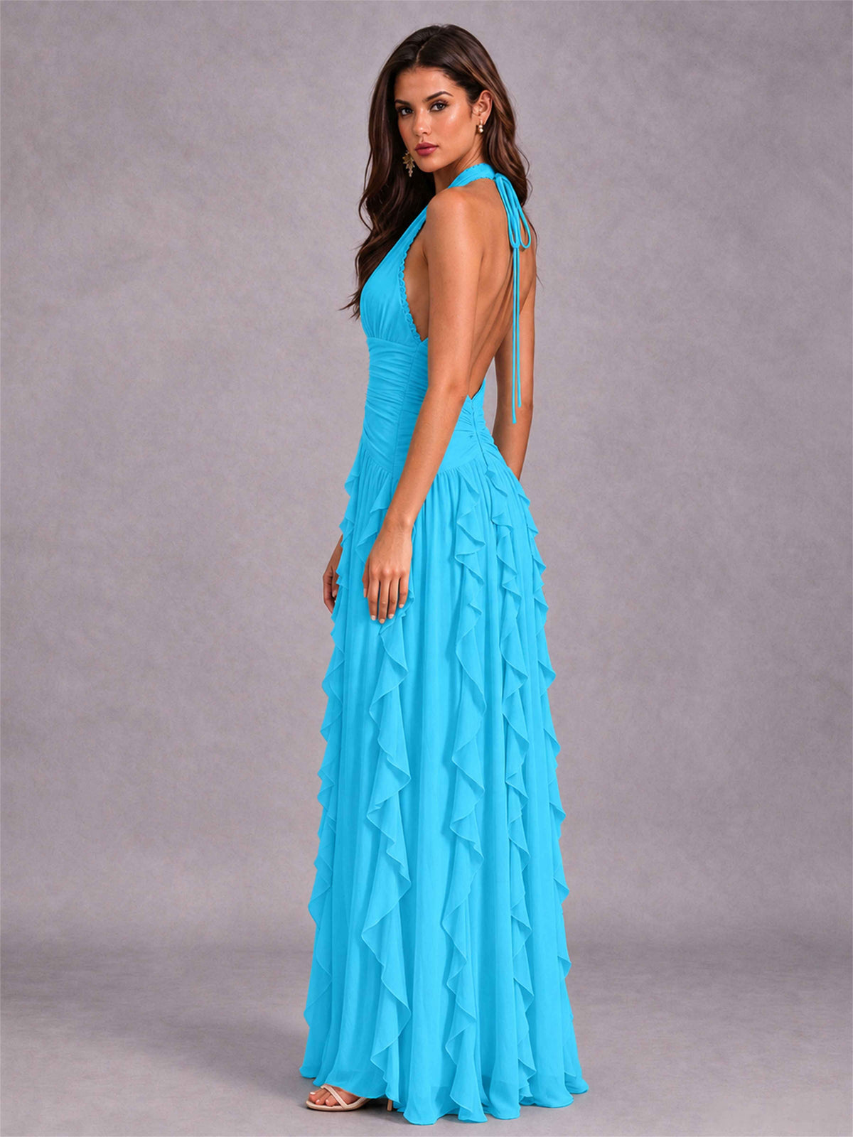 A-Line Halter Neck Ruffle Pleated Floor-Length Chiffon Evening Dress