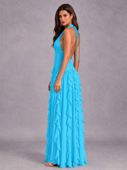 A-Line Halter Neck Ruffle Pleated Floor-Length Chiffon Evening Dress