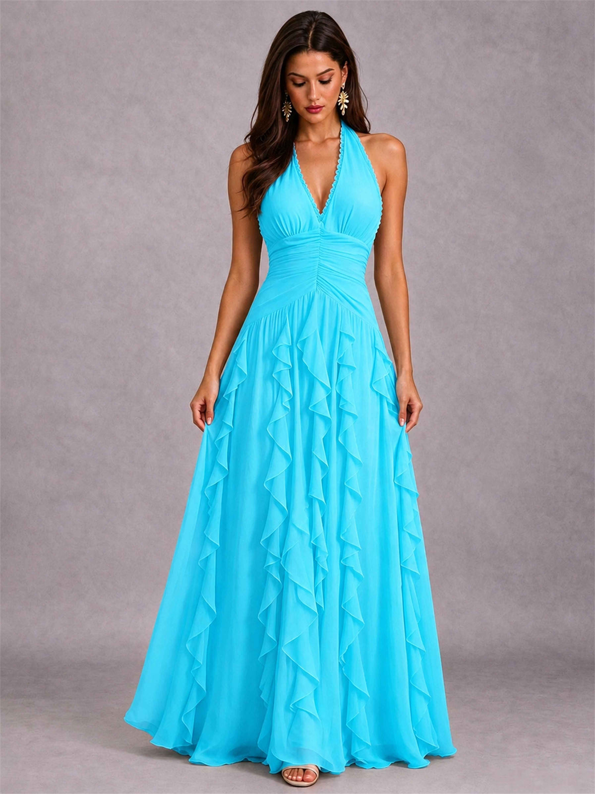 A-Line Halter Neck Ruffle Pleated Floor-Length Chiffon Evening Dress