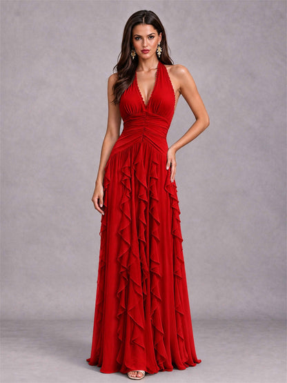 A-Line Halter Neck Ruffle Pleated Floor-Length Chiffon Evening Dress