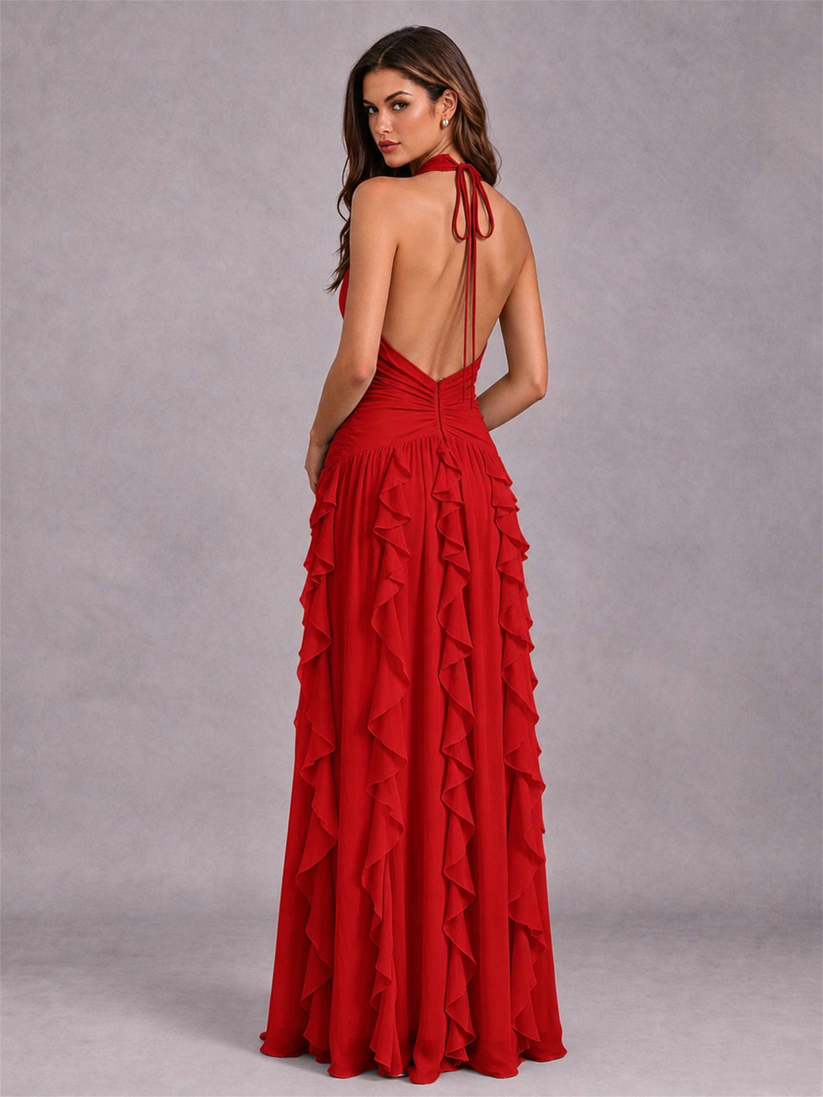 A-Line Halter Neck Ruffle Pleated Floor-Length Chiffon Evening Dress