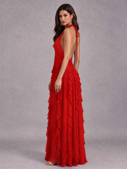 A-Line Halter Neck Ruffle Pleated Floor-Length Chiffon Evening Dress