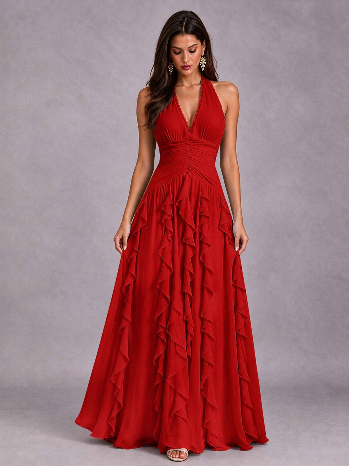 A-Line Halter Neck Ruffle Pleated Floor-Length Chiffon Evening Dress