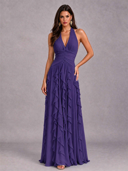 A-Line Halter Neck Ruffle Pleated Floor-Length Chiffon Evening Dress