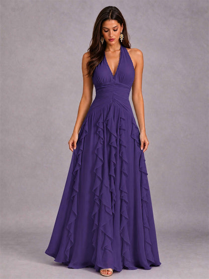 A-Line Halter Neck Ruffle Pleated Floor-Length Chiffon Evening Dress