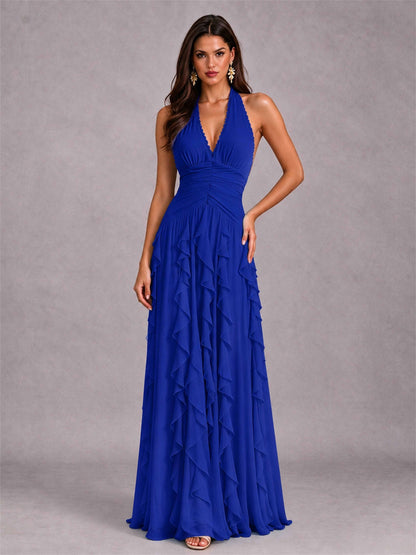 A-Line Halter Neck Ruffle Pleated Floor-Length Chiffon Evening Dress