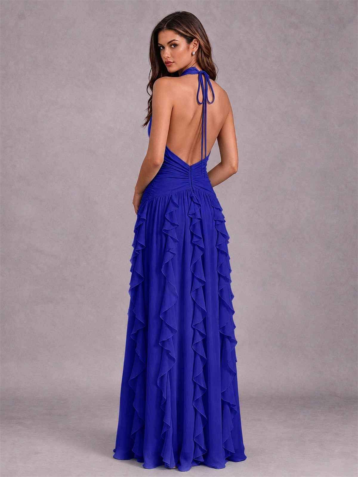 A-Line Halter Neck Ruffle Pleated Floor-Length Chiffon Evening Dress
