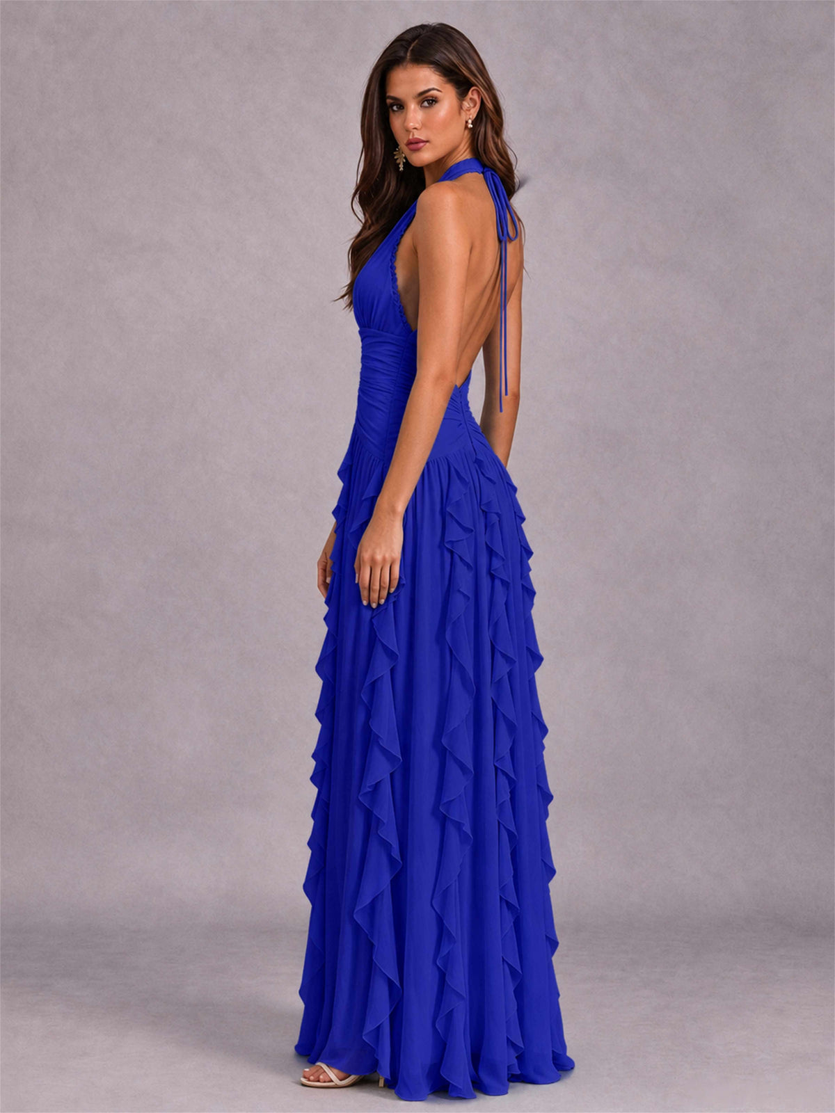 A-Line Halter Neck Ruffle Pleated Floor-Length Chiffon Evening Dress