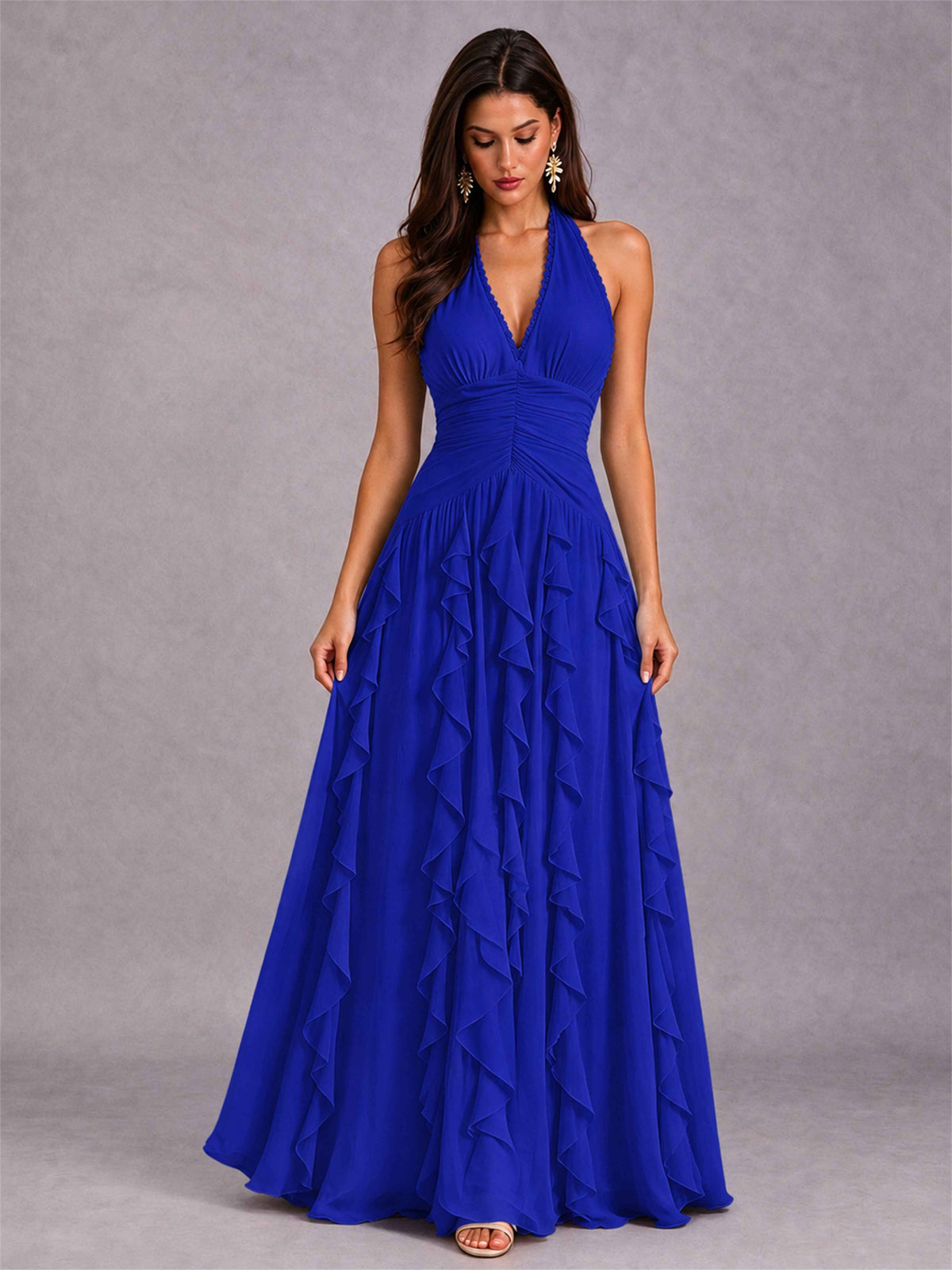 A-Line Halter Neck Ruffle Pleated Floor-Length Chiffon Evening Dress