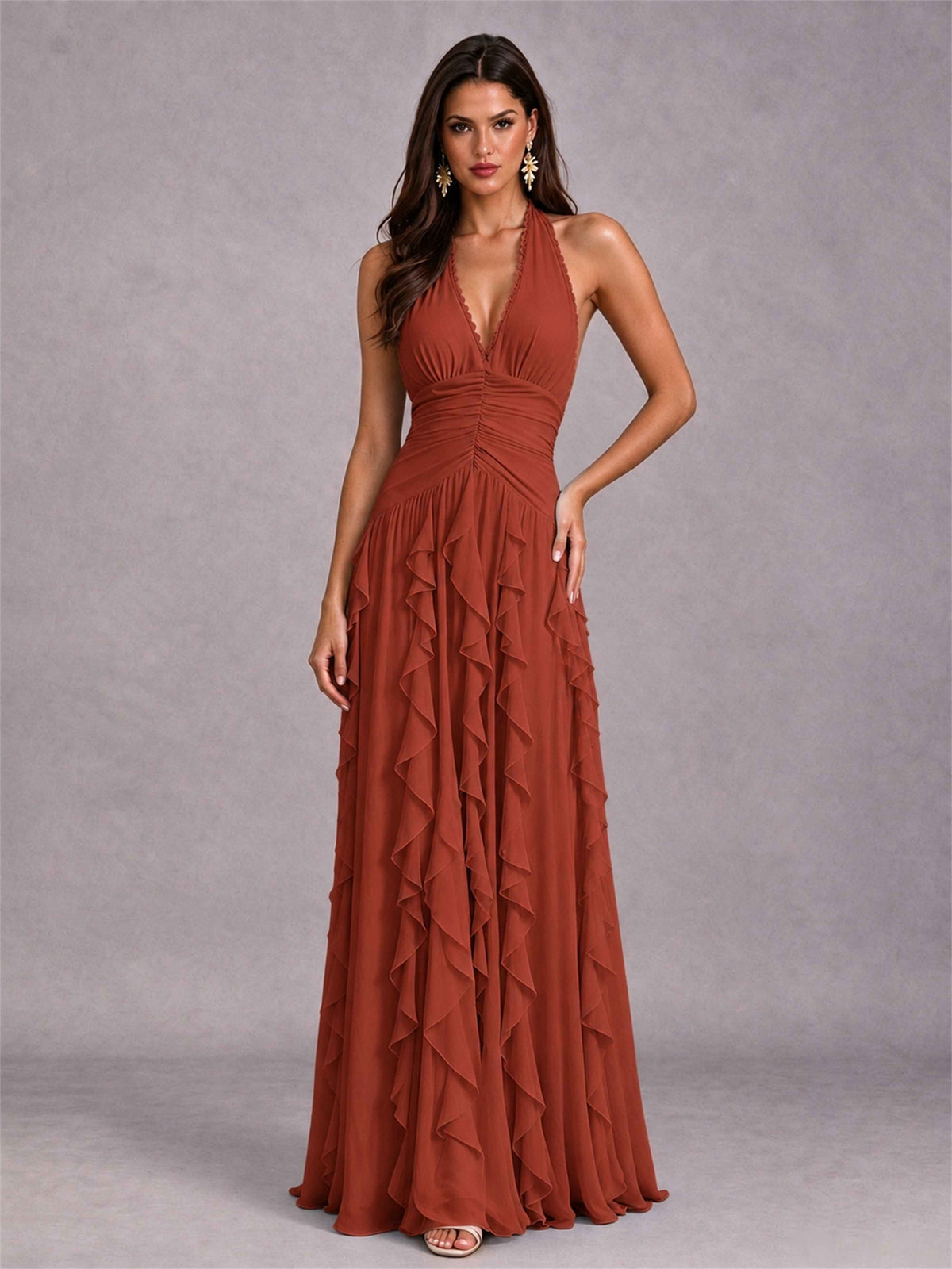 A-Line Halter Neck Ruffle Pleated Floor-Length Chiffon Evening Dress