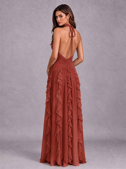 A-Line Halter Neck Ruffle Pleated Floor-Length Chiffon Evening Dress