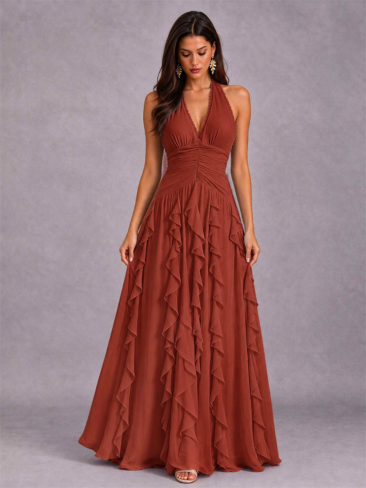 A-Line Halter Neck Ruffle Pleated Floor-Length Chiffon Evening Dress