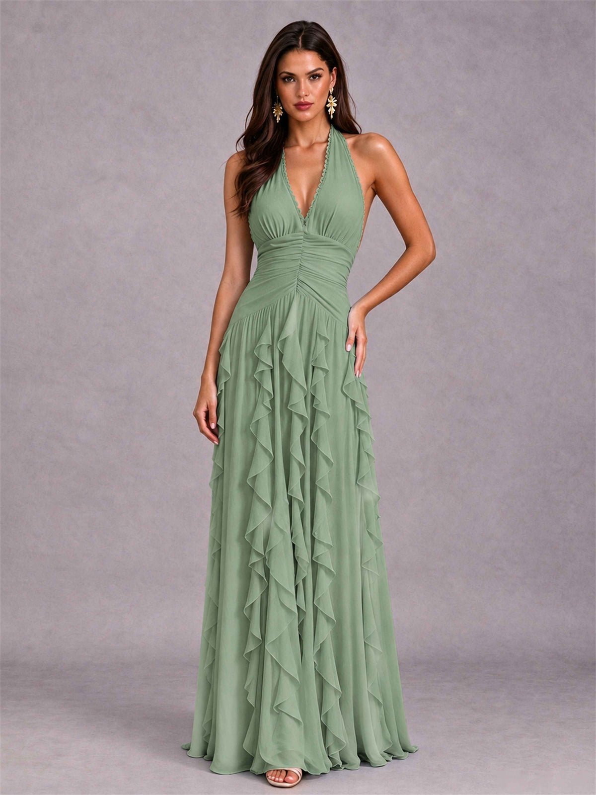 A-Line Halter Neck Ruffle Pleated Floor-Length Chiffon Evening Dress