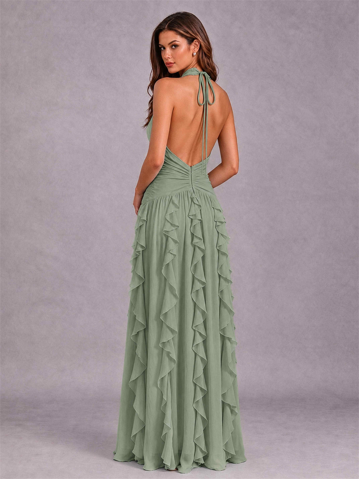 A-Line Halter Neck Ruffle Pleated Floor-Length Chiffon Evening Dress