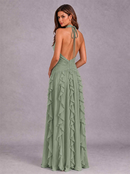 A-Line Halter Neck Ruffle Pleated Floor-Length Chiffon Evening Dress