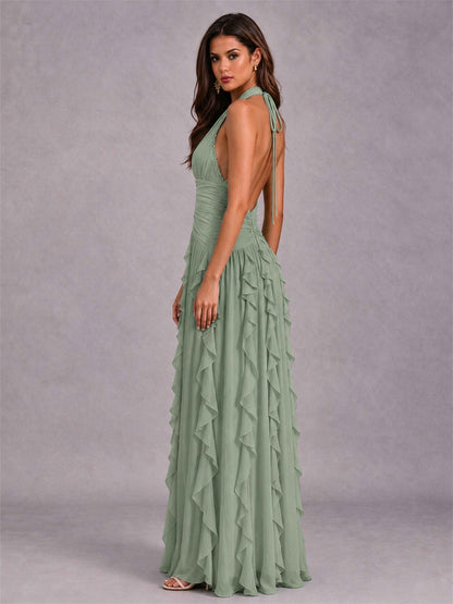 A-Line Halter Neck Ruffle Pleated Floor-Length Chiffon Evening Dress