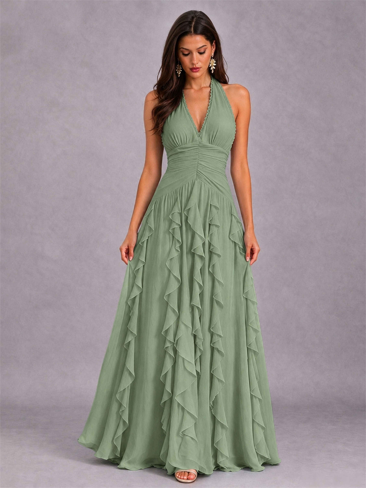 A-Line Halter Neck Ruffle Pleated Floor-Length Chiffon Evening Dress