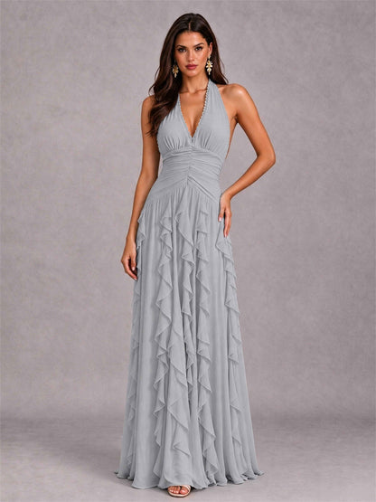 A-Line Halter Neck Ruffle Pleated Floor-Length Chiffon Evening Dress