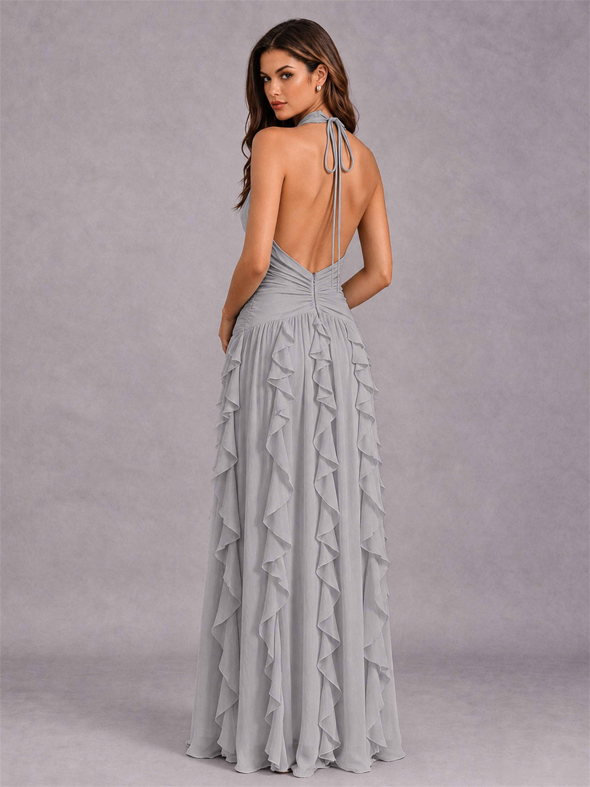 A-Line Halter Neck Ruffle Pleated Floor-Length Chiffon Evening Dress