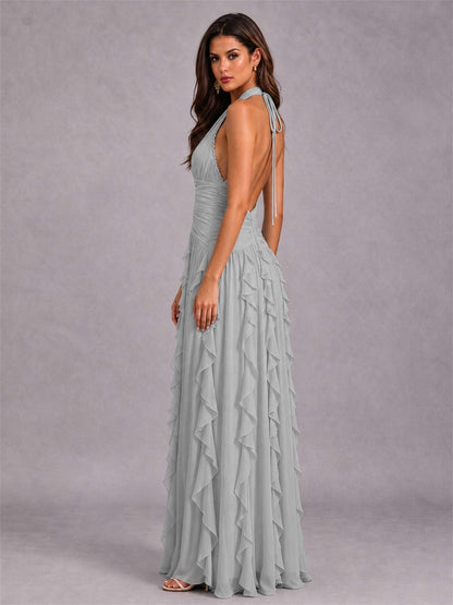 A-Line Halter Neck Ruffle Pleated Floor-Length Chiffon Evening Dress