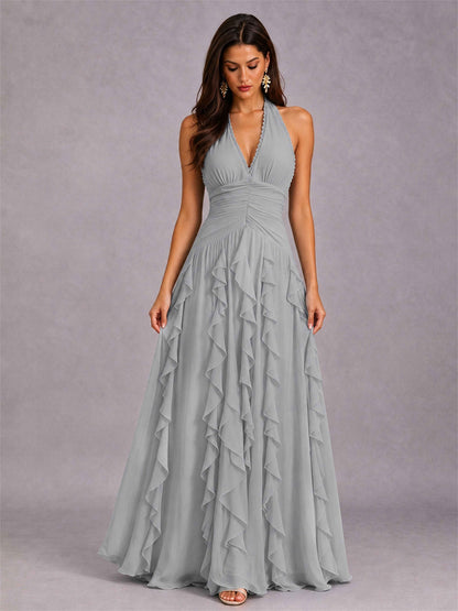 A-Line Halter Neck Ruffle Pleated Floor-Length Chiffon Evening Dress