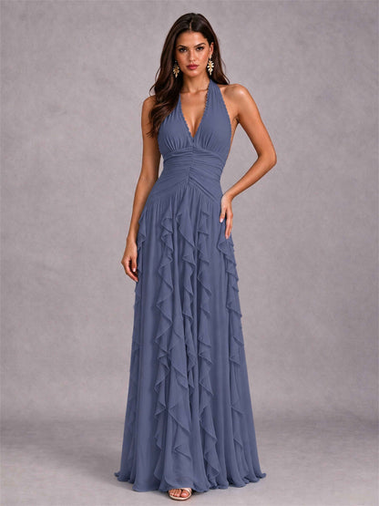 A-Line Halter Neck Ruffle Pleated Floor-Length Chiffon Evening Dress