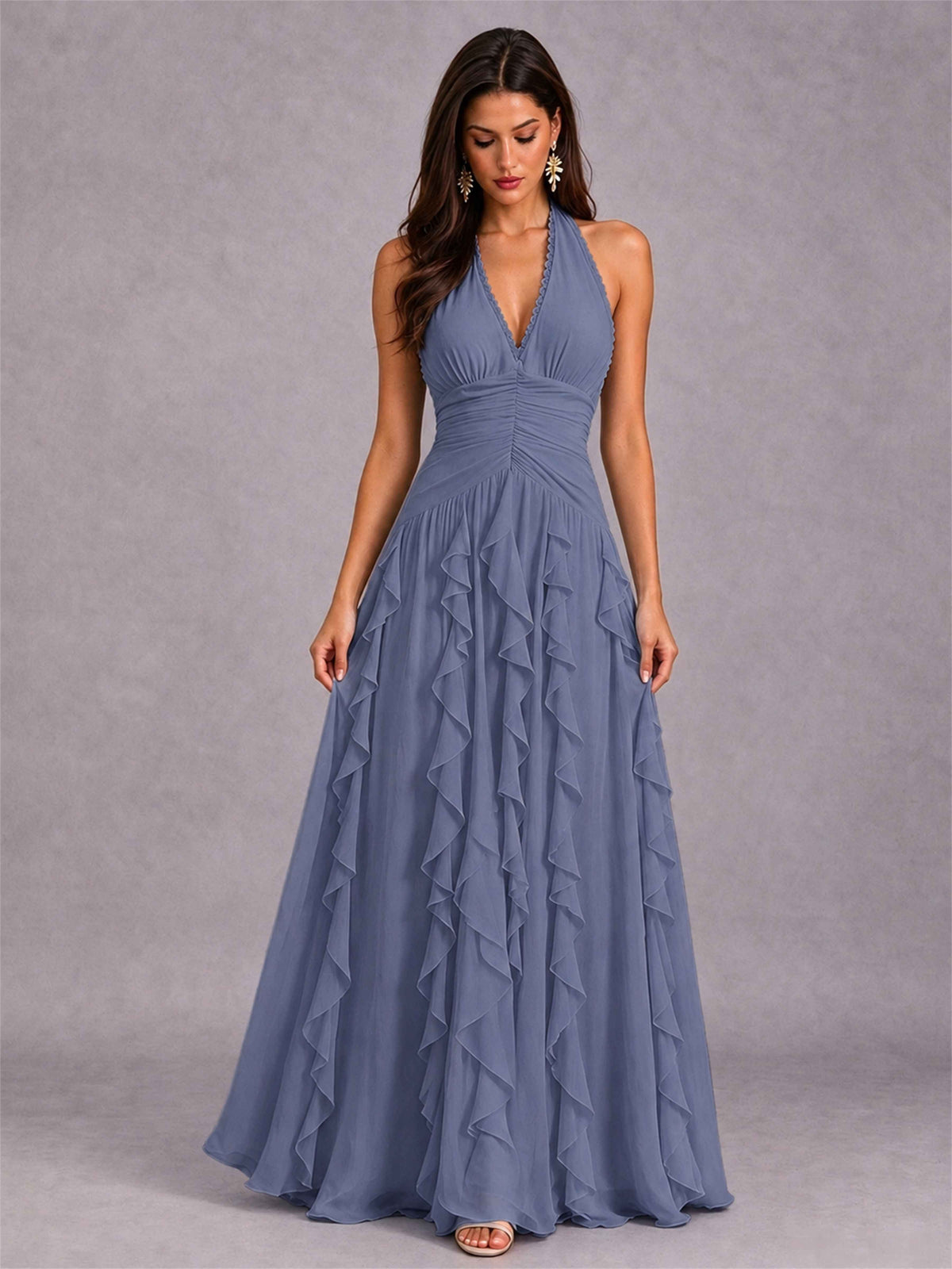 A-Line Halter Neck Ruffle Pleated Floor-Length Chiffon Evening Dress