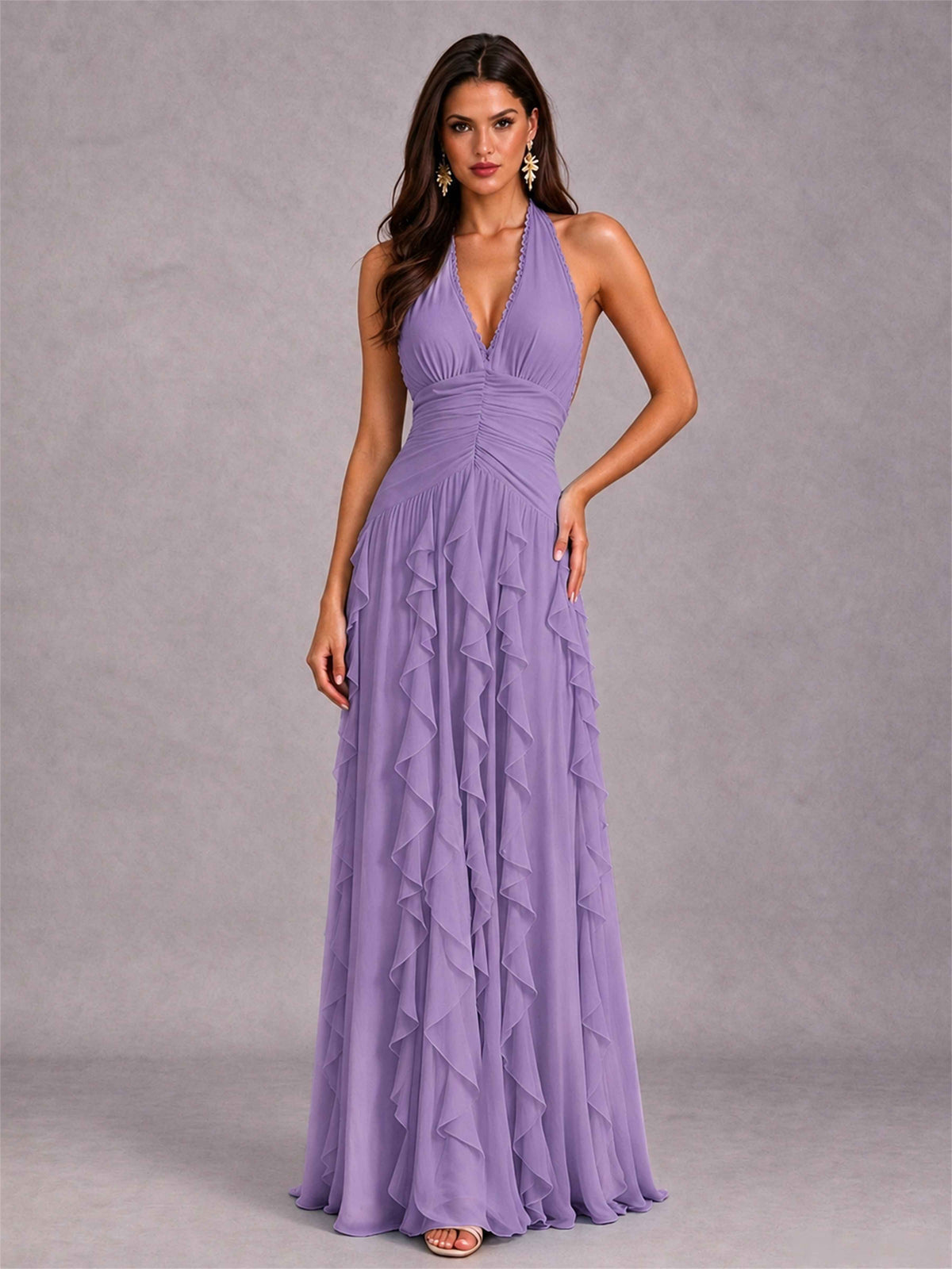 A-Line Halter Neck Ruffle Pleated Floor-Length Chiffon Evening Dress