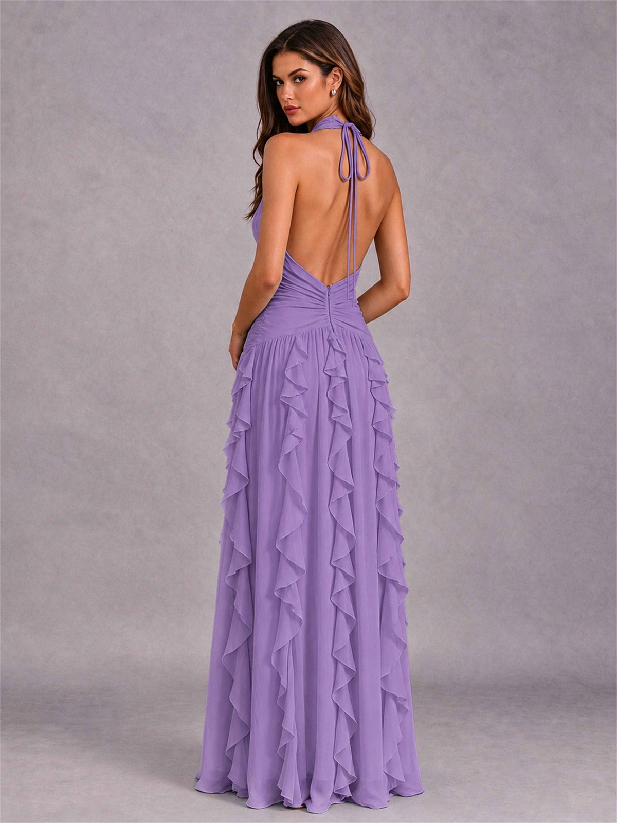 A-Line Halter Neck Ruffle Pleated Floor-Length Chiffon Evening Dress