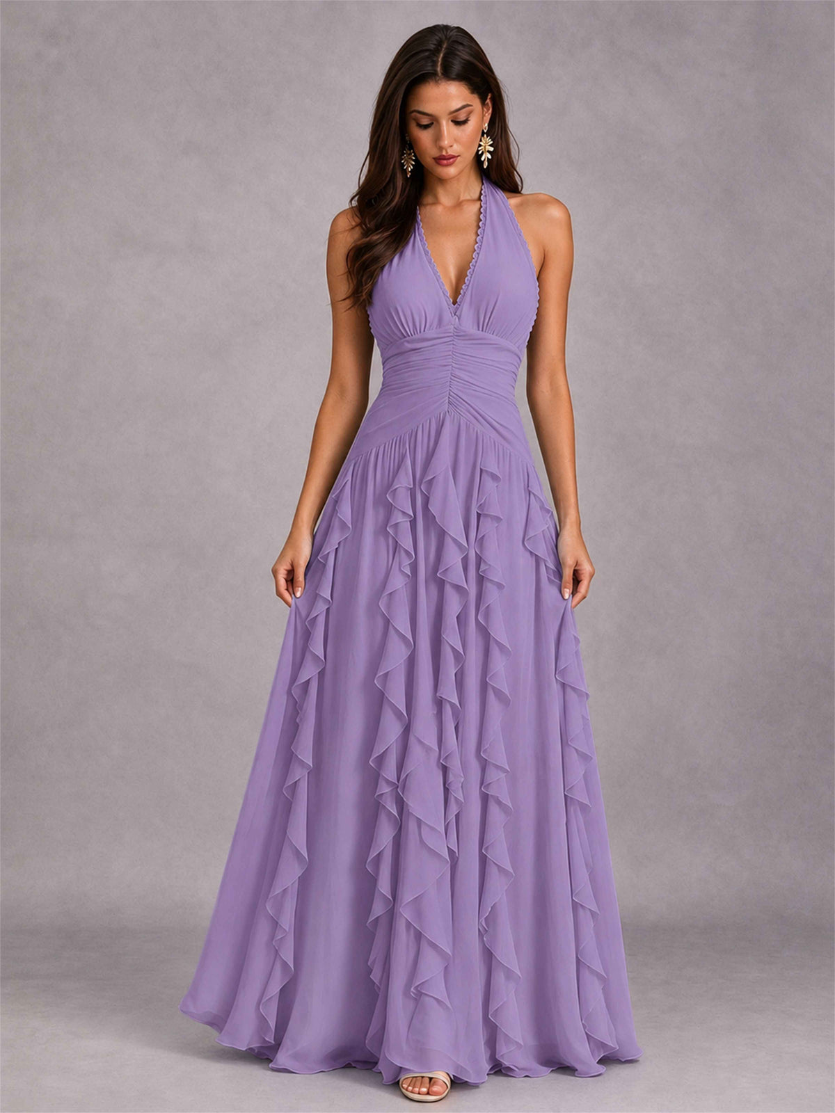 A-Line Halter Neck Ruffle Pleated Floor-Length Chiffon Evening Dress