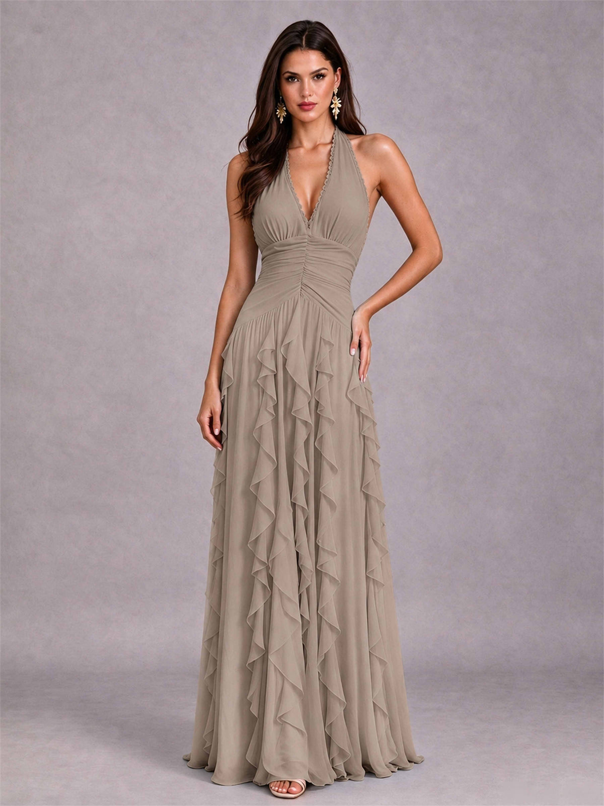 A-Line Halter Neck Ruffle Pleated Floor-Length Chiffon Evening Dress