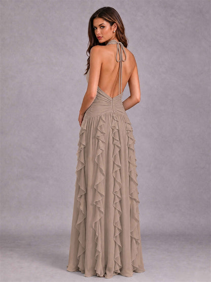 A-Line Halter Neck Ruffle Pleated Floor-Length Chiffon Evening Dress