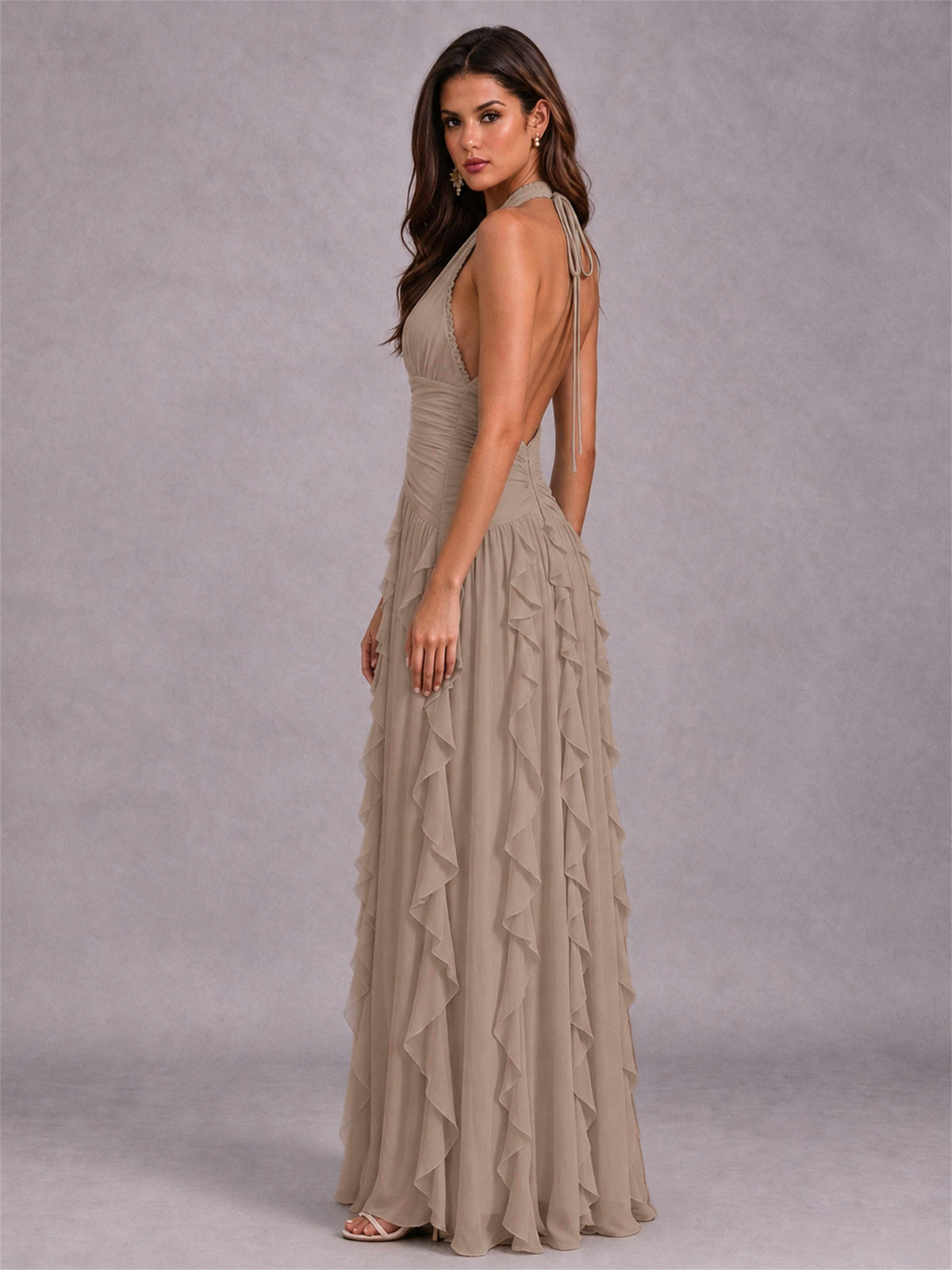 A-Line Halter Neck Ruffle Pleated Floor-Length Chiffon Evening Dress