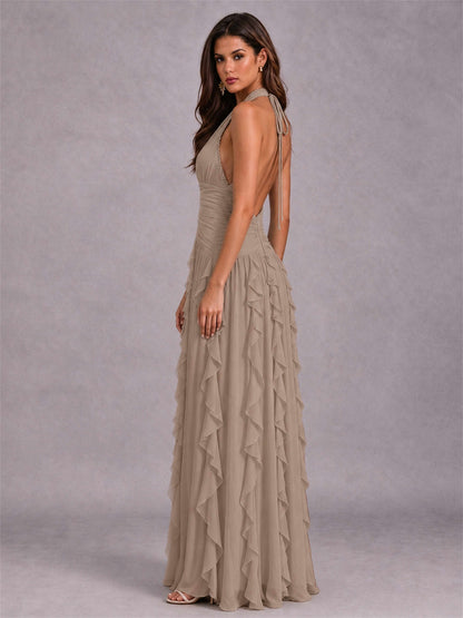 A-Line Halter Neck Ruffle Pleated Floor-Length Chiffon Evening Dress