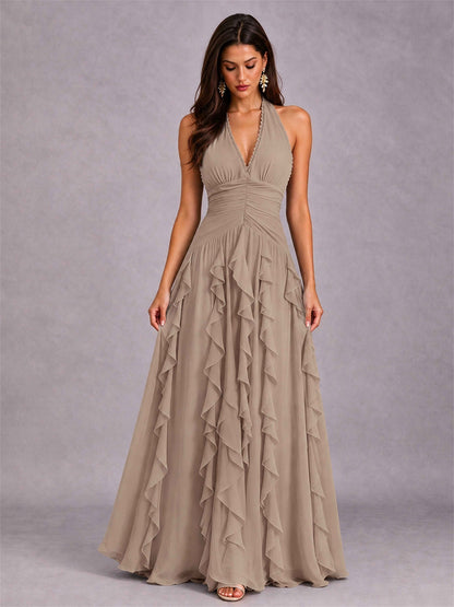 A-Line Halter Neck Ruffle Pleated Floor-Length Chiffon Evening Dress
