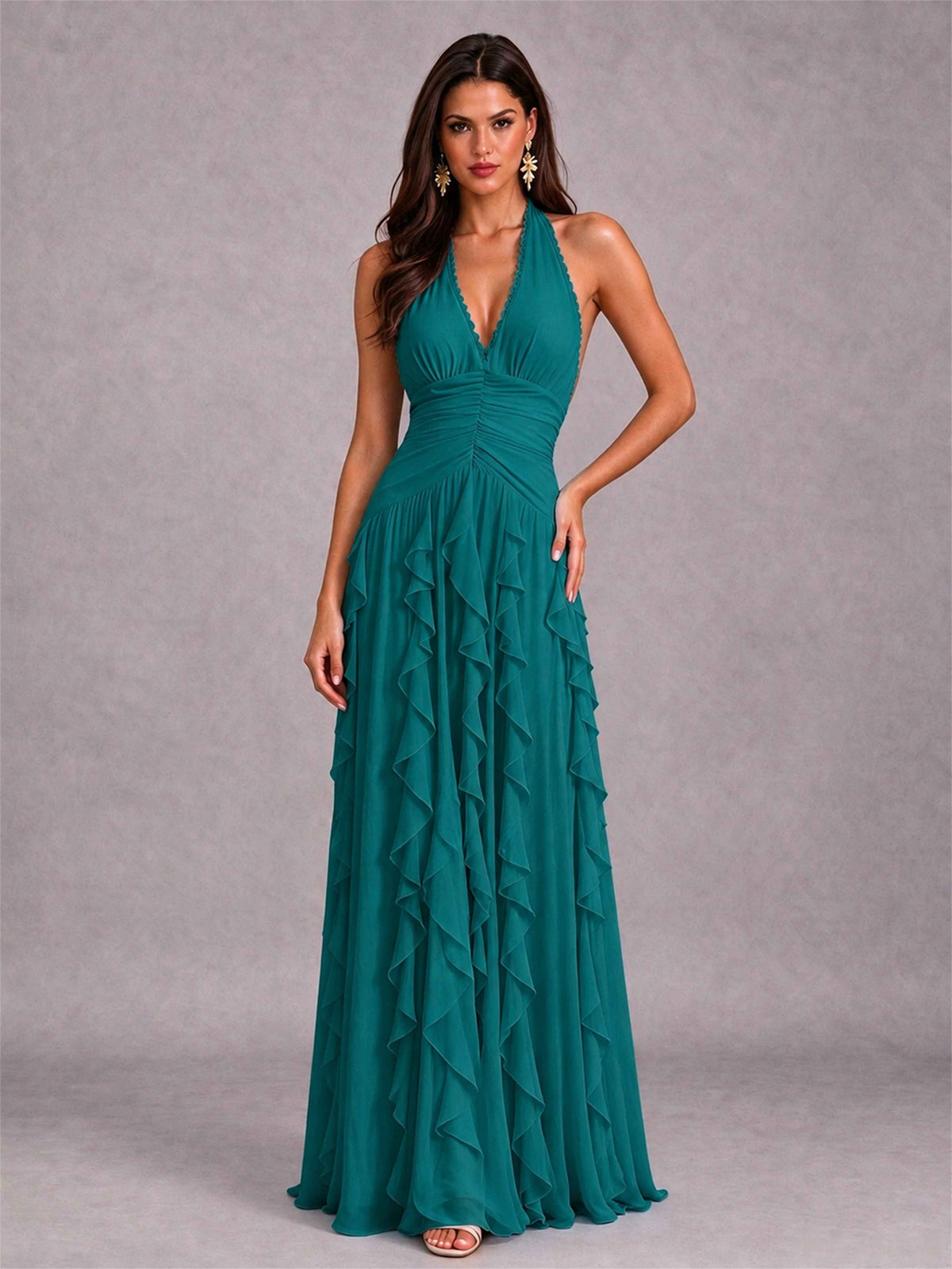 A-Line Halter Neck Ruffle Pleated Floor-Length Chiffon Evening Dress