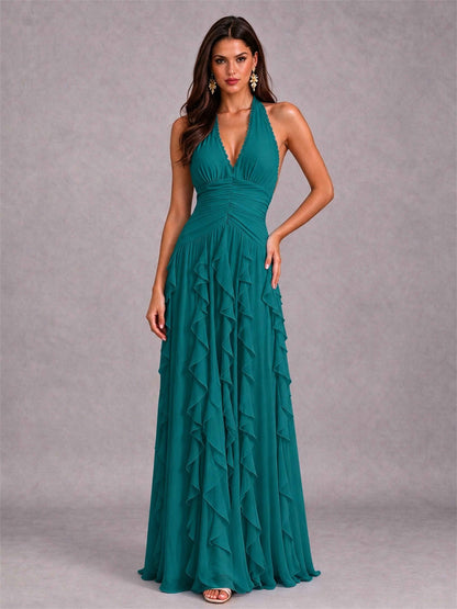 A-Line Halter Neck Ruffle Pleated Floor-Length Chiffon Evening Dress