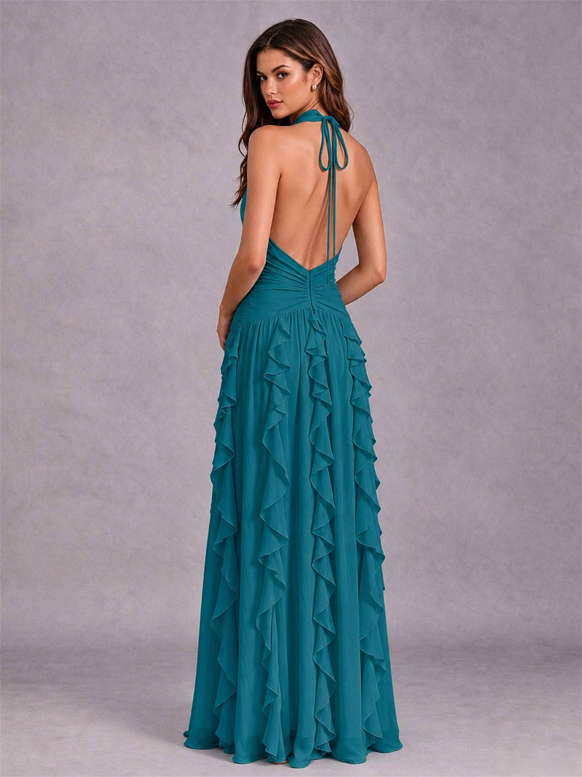 A-Line Halter Neck Ruffle Pleated Floor-Length Chiffon Evening Dress