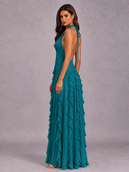 A-Line Halter Neck Ruffle Pleated Floor-Length Chiffon Evening Dress