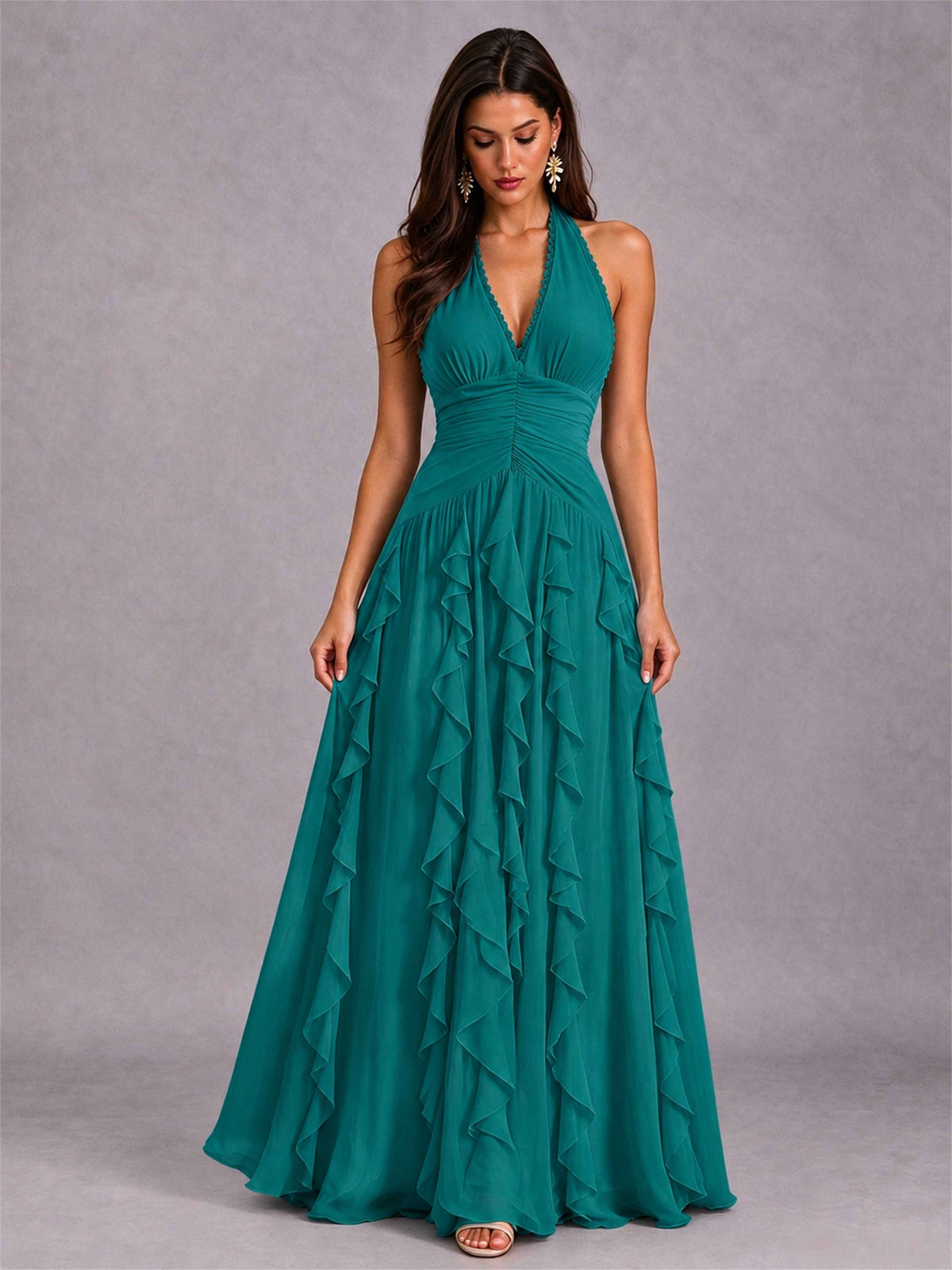A-Line Halter Neck Ruffle Pleated Floor-Length Chiffon Evening Dress