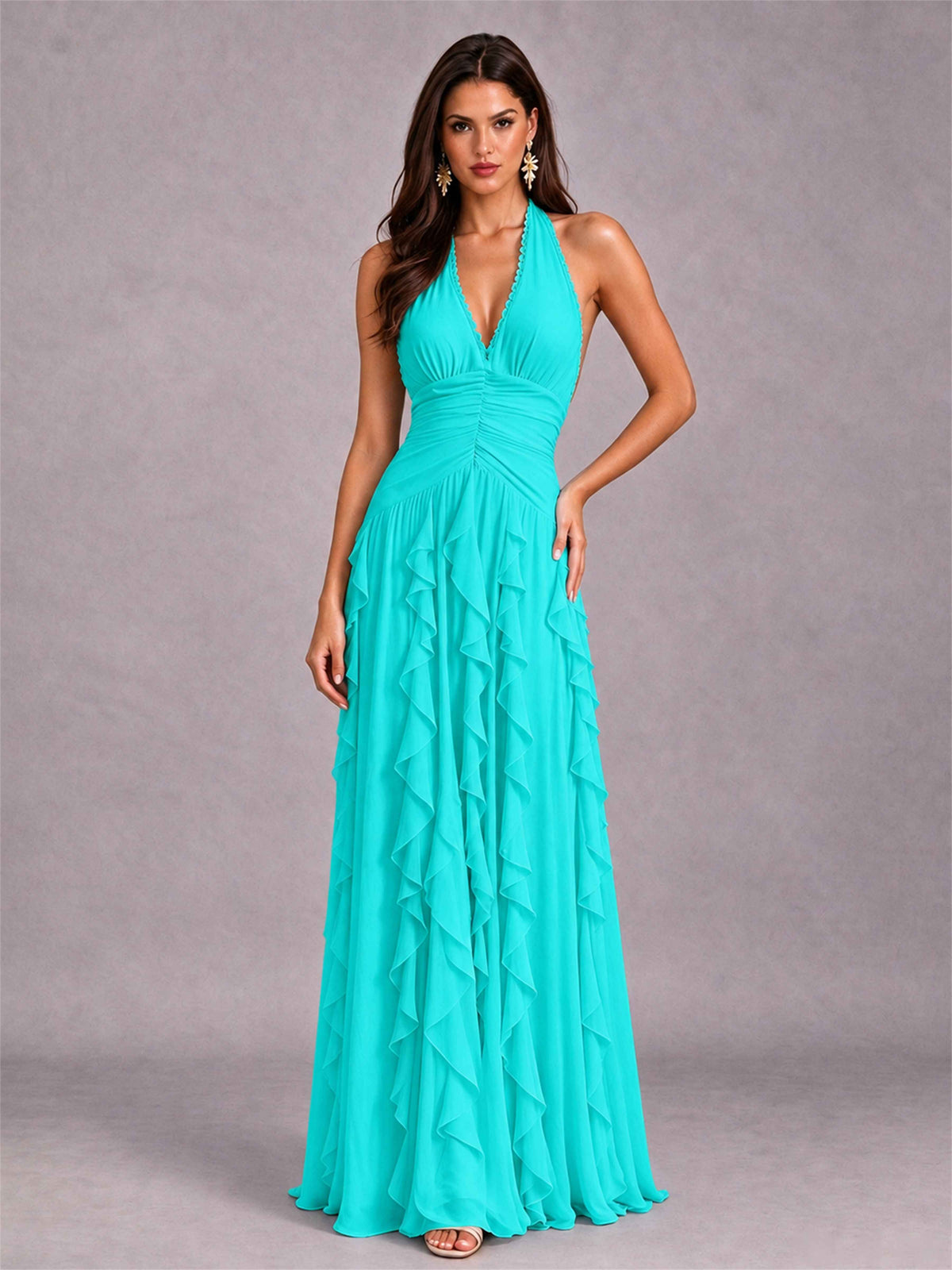A-Line Halter Neck Ruffle Pleated Floor-Length Chiffon Evening Dress