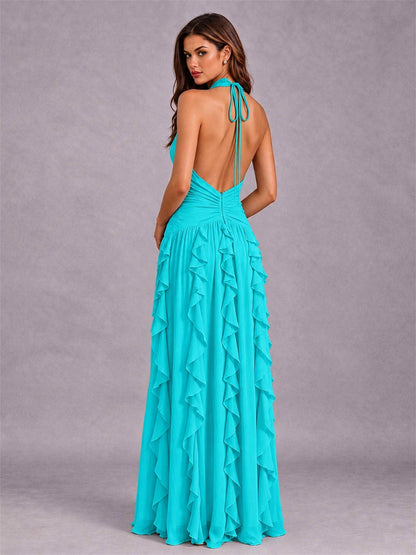 A-Line Halter Neck Ruffle Pleated Floor-Length Chiffon Evening Dress