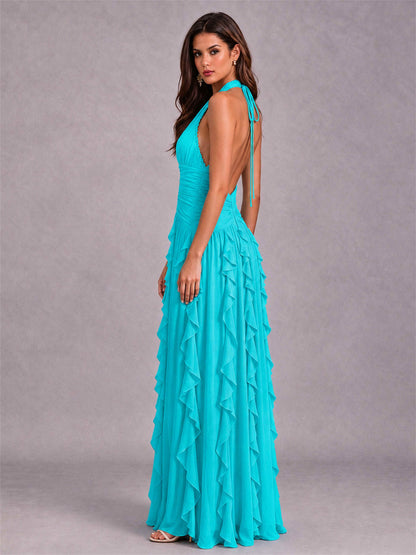 A-Line Halter Neck Ruffle Pleated Floor-Length Chiffon Evening Dress