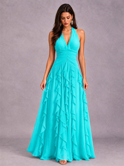 A-Line Halter Neck Ruffle Pleated Floor-Length Chiffon Evening Dress