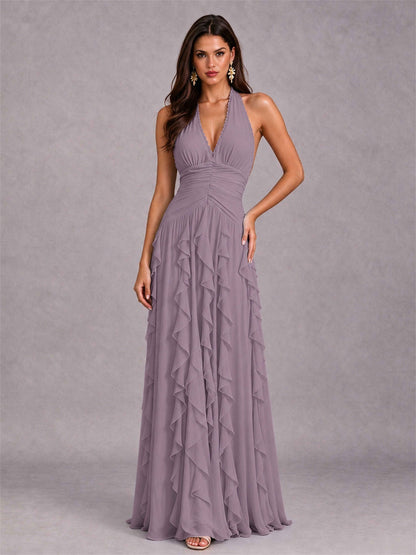 A-Line Halter Neck Ruffle Pleated Floor-Length Chiffon Evening Dress
