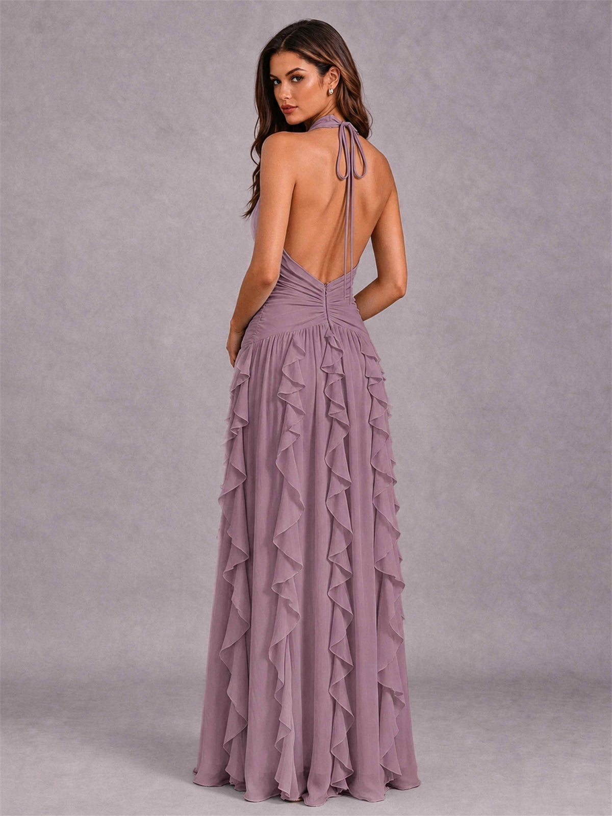 A-Line Halter Neck Ruffle Pleated Floor-Length Chiffon Evening Dress