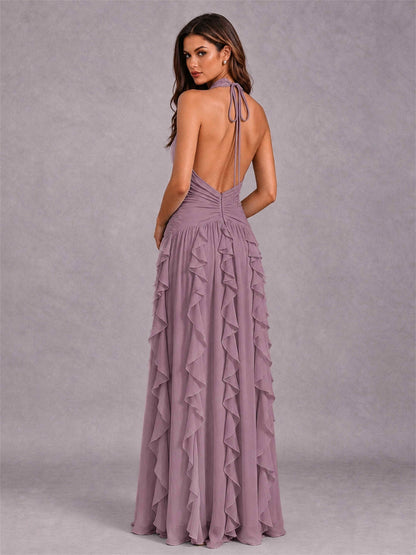 A-Line Halter Neck Ruffle Pleated Floor-Length Chiffon Evening Dress