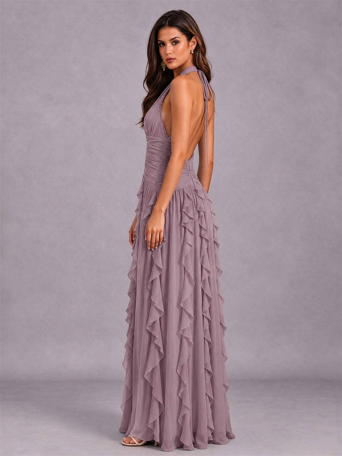 A-Line Halter Neck Ruffle Pleated Floor-Length Chiffon Evening Dress